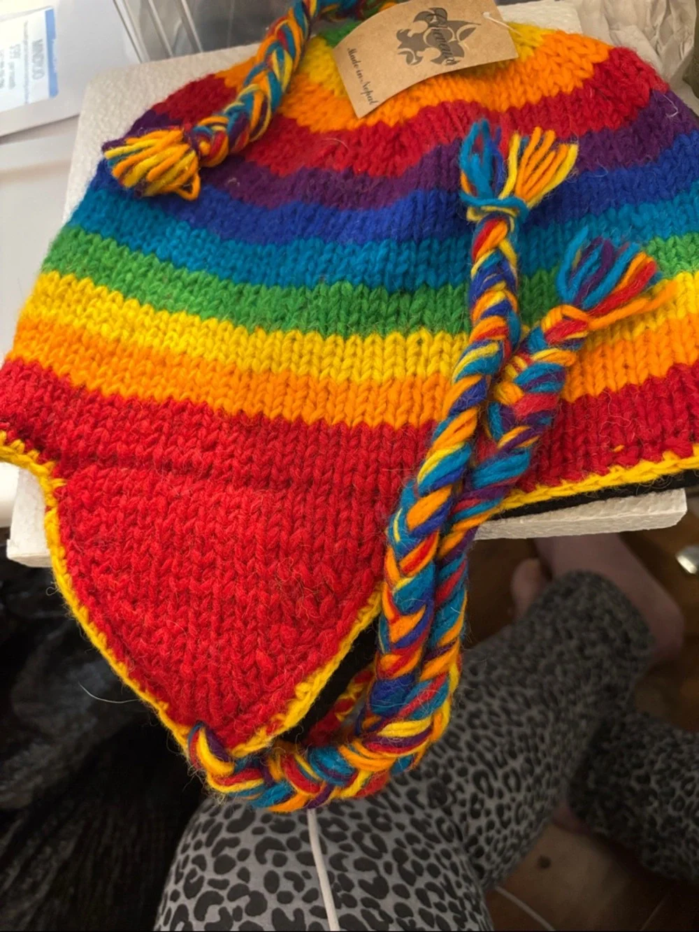 Handmade Rainbow Knit Sherpa Hat - Multicolor Softly Lined